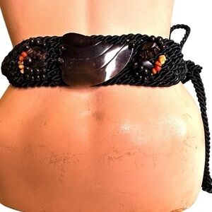 Vintage Wood Beaded and Carved Shell Cummerbund Rope Belt